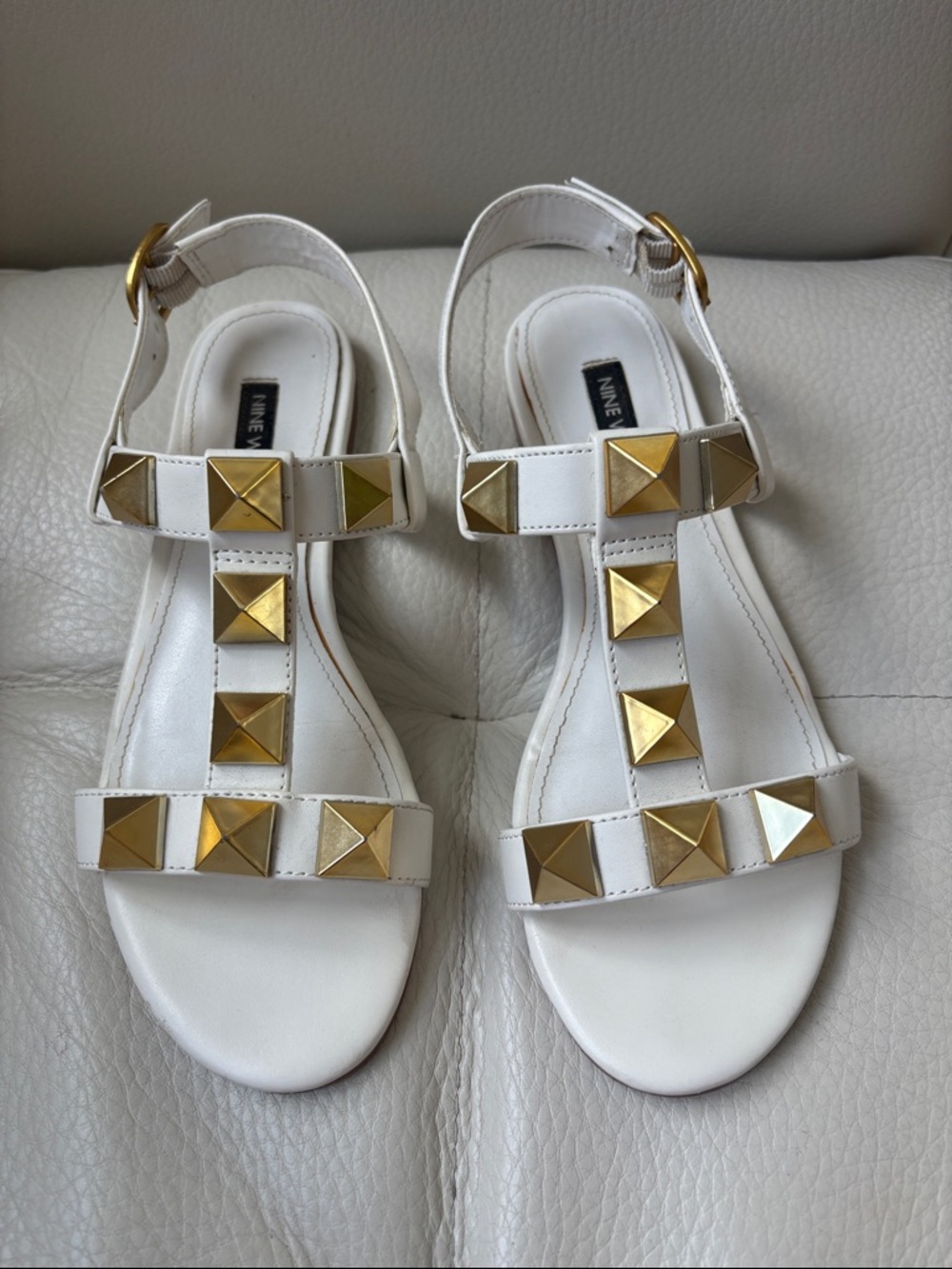 Nine West White Leather T-Strap Sandals with Gold Pyramid Studs